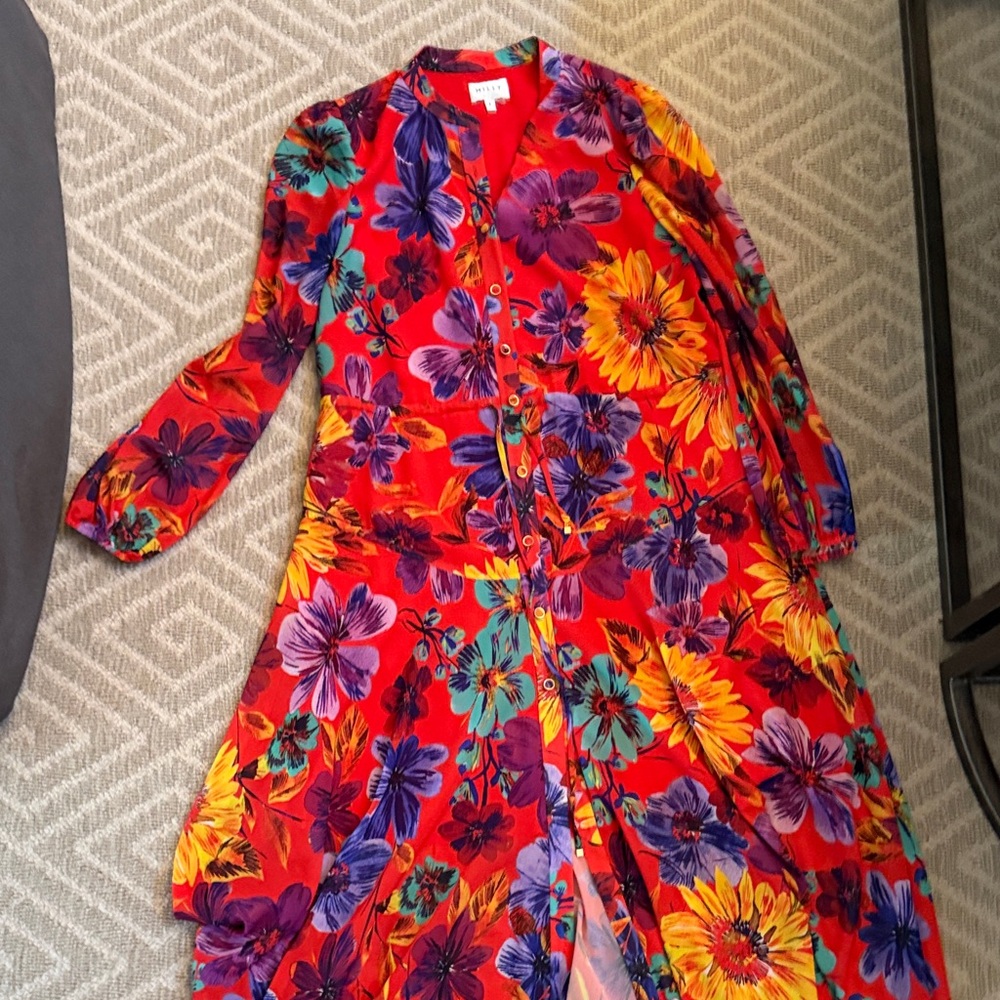 Milly Red Floral Long-Sleeve Button-Front Maxi Dress